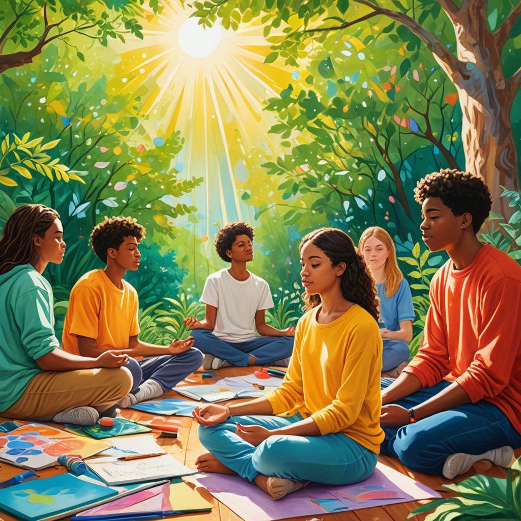 A vibrant illustration featuring a diverse group of teenagers engaged in various mental health activities such as mindfulness meditation, group therapy, and creative expression like painting and writing. Include elements of nature in the background like trees and sunlight to symbolize growth and hope. The scene should evoke a sense of community and empowerment, highlighting emotional wellbeing and support. colorful, uplifting, 3D, and inclusive art style.