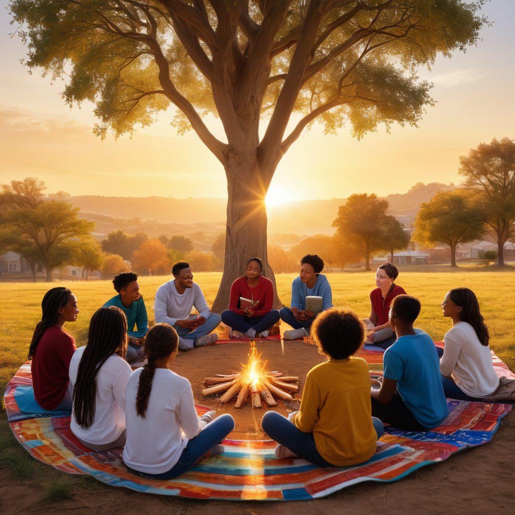 A diverse group of young people engaging in a community circle, sharing their emotions openly with expressions of empathy and support. Surrounding them are symbols of resources, like books, hope trees, and technology, blending into a warm, inviting environment. The background features a bright sunrise, symbolizing hope and new beginnings. The scene is vibrant and dynamic, capturing the essence of empowerment and connection. super-realistic. vibrant colors. peaceful atmosphere.