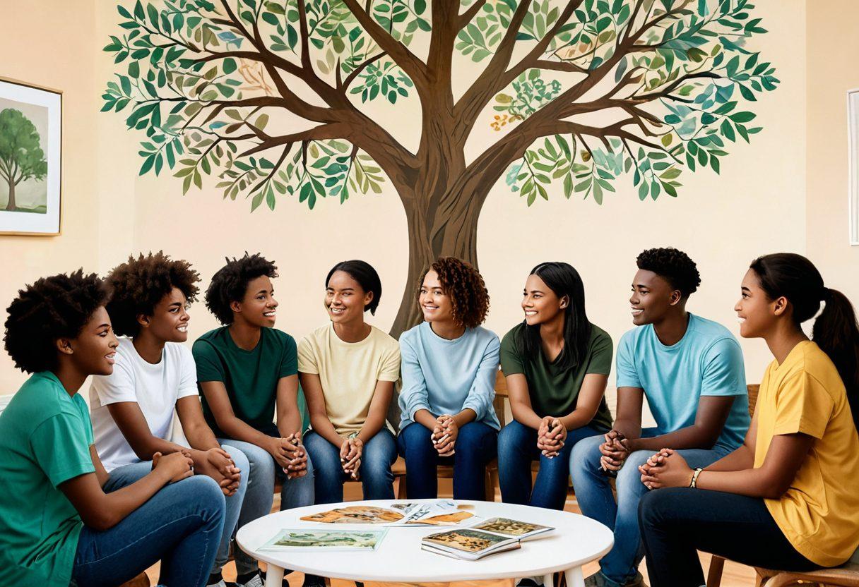 A diverse group of adolescents engaging in a supportive group discussion in a warm, inviting setting, surrounded by symbolic illustrations of resilience like trees bending but not breaking, encouraging words, and interconnected hands. The scene captures emotional expressions of hope and determination, with elements representing community, guidance, and strength. The background features soft pastel colors to convey a sense of calm and safety. super-realistic. vibrant colors. warm tones.